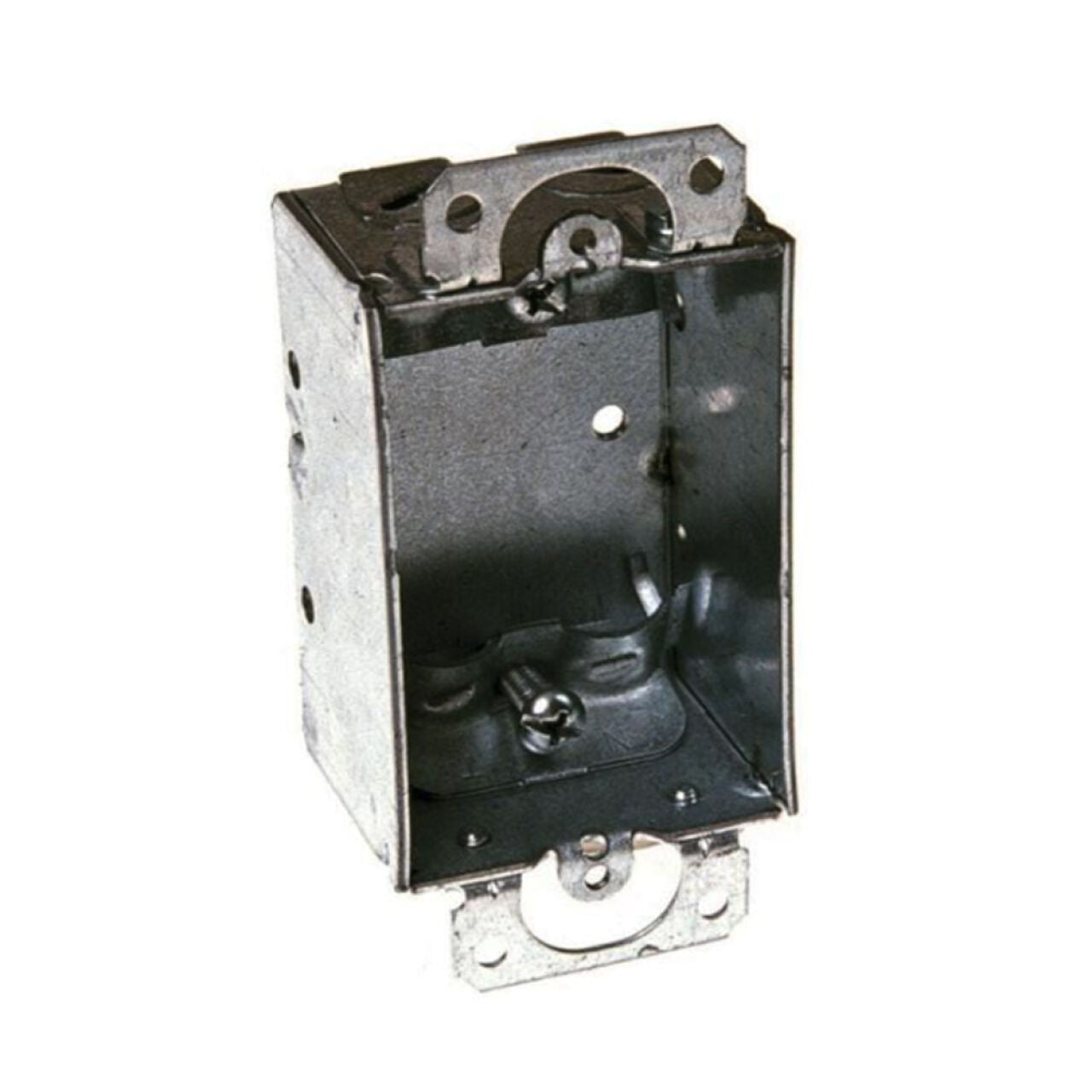 A Go Build, The Fastest Way To Build 1-Gang Electrical Switch Box with mounting brackets is shown against a white background. This rectangular box is open at the front and designed for housing electrical outlets or switches.